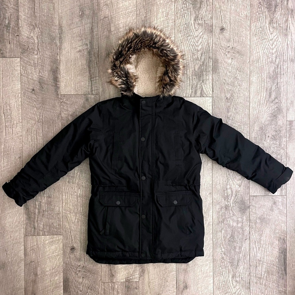 Lands End Kids Black Expedition Parka Faux Fur Hood Winter Coat Size L 10-12